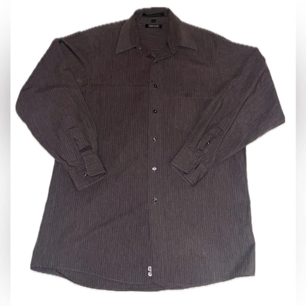 DKNY Striped Gray 100% Cotton Button Down Dress Shirt